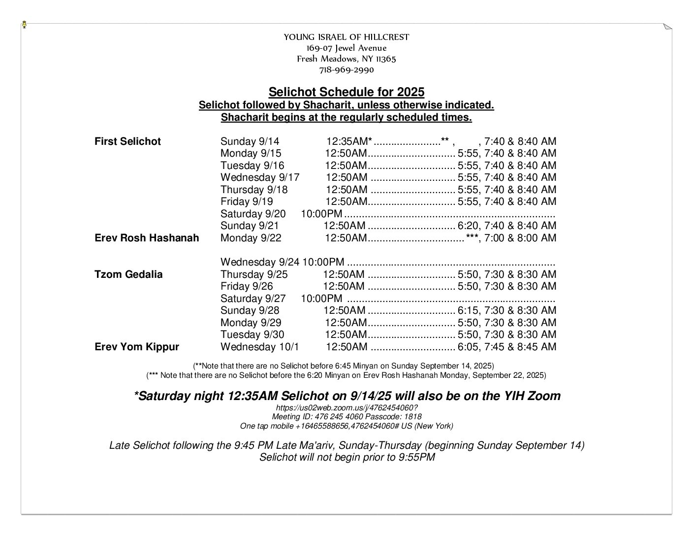 2025 Selichot Schedule